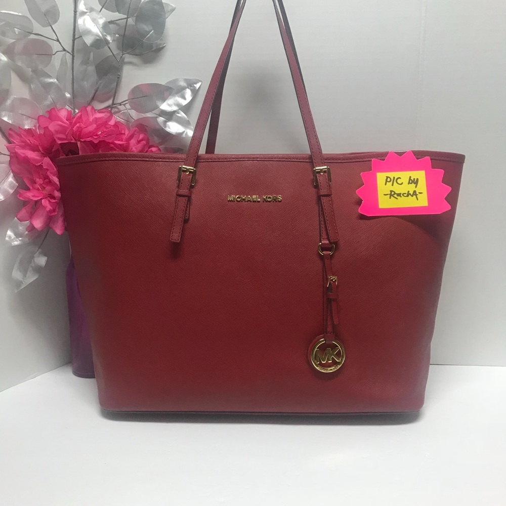 Michael Kors (MK) Red Jet Set Large Tote Bag Purse Carryall Shoulder Bag